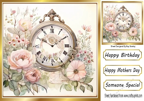 Pretty Vintage Clock With Pink Roses 8x8 Card Front (ONE)
