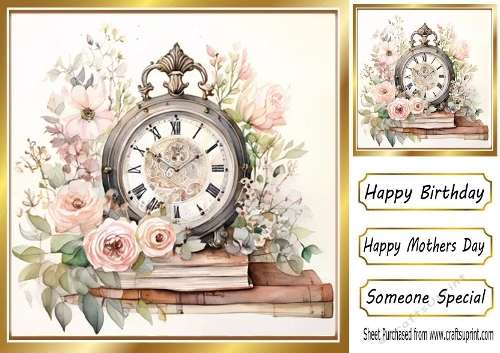 Pretty Vintage Clock With Pink Roses & Books 8x8 Card Front (TWO)