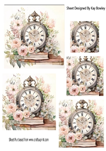 Pretty Vintage Clock With Pink Roses & Books  Pyramids (TWO)