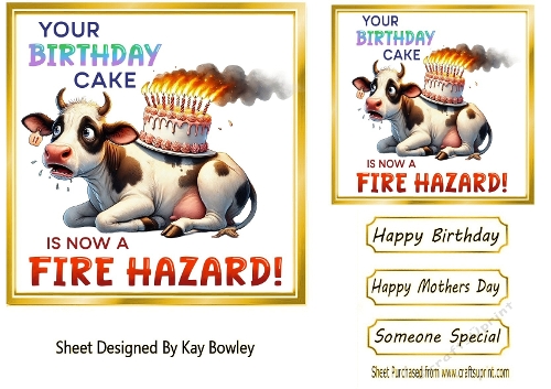  Funny Cow With Cake Humour 7X7 Gold Topper/Card Front