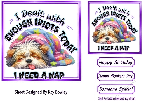Funny Dog Napping With Humour 7X7 Purple Topper/Card Front