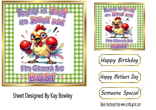 Chicken  With Funny Humour 7X7 Gold/Green Topper/Card Front (FOUR)