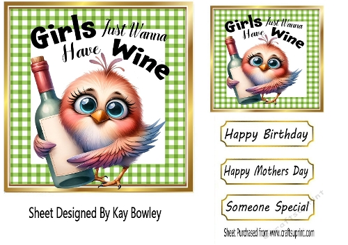 Bird With Bottle  With Funny Humour 7X7 Gold/Green Topper/Card Front (ONE)