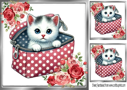Cute Kitten In A Makeup Bag With Roses 8x8 Card/Toppers
