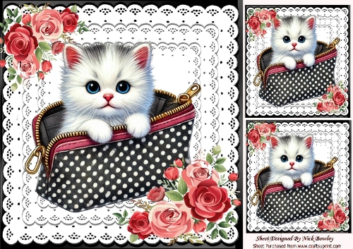 Cute Kitten In A Makeup Bag Lace & Roses 8x8 Card/Toppers