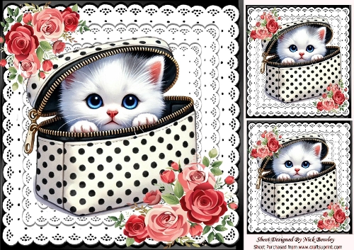 Cute Kitten Peeking In A Makeup Bag Lace & Roses 8x8 Card/Toppers