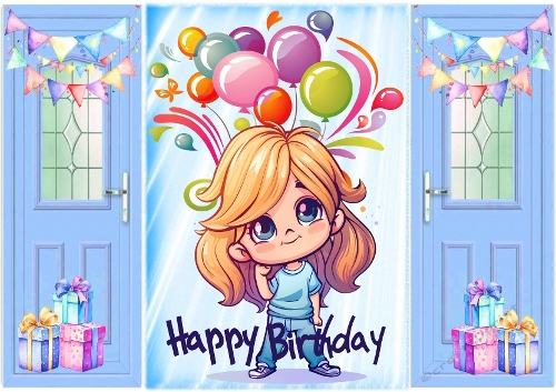 Blue Gatefold With Birthday Boy & Balloons With Presents