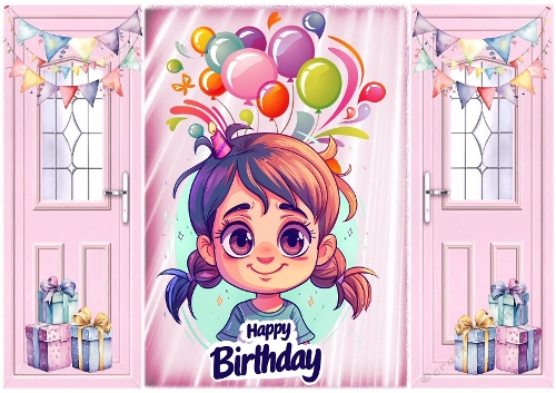 Pink Gatefold With Birthday Girl & Balloons With Presents