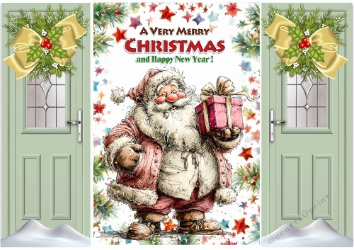 Lovely Christmas Whimsical Santa Green Gatefold, Gold Bows  (TWO)