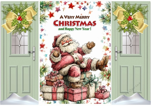 Lovely Christmas Whimsical Santa Green Gatefold, Gold Bows (FOUR)
