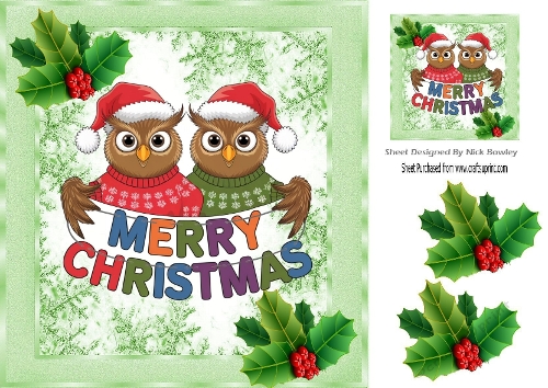 Christmas Cute Owls In Santa Hats With Holly 8x8