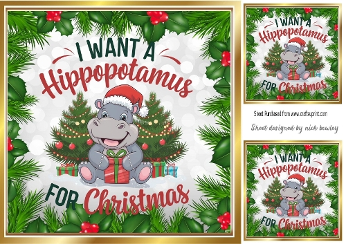 Christmas Hippo In Santa Hat 8x8