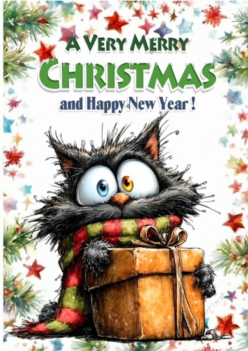 Funny Whimsical Christmas Cat A4