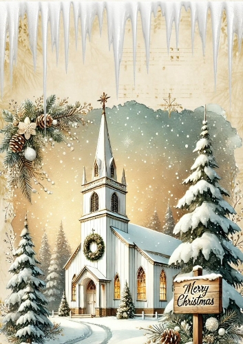 Lovely Christmas Church With Snow A4