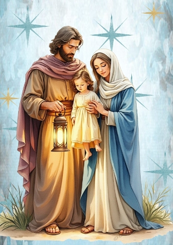 Lovely Nativity With Mary & Joseph With Stars A4