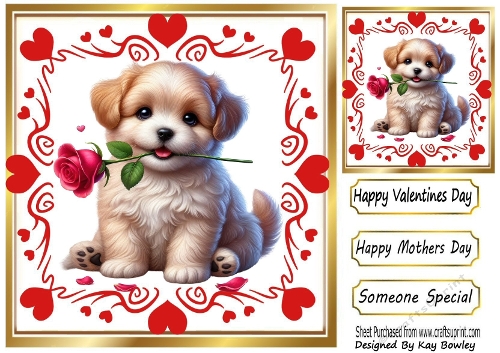 Red Roses And Cute Valentine Puppy 8x8 (THREE)