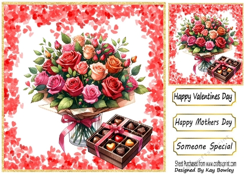  Pink/Red Roses Valentines Day 8x8 Card Frame of Red Hearts