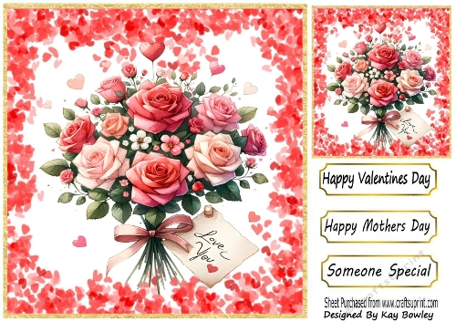 Pink/Red Roses With  LOVE YOU 8x8 Card Frame of Red Hearts