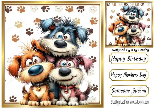 Funny Whimsical Dogs With Paw Prints 8x8 Card (THREE)