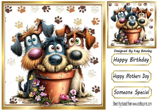 Funny Whimsical Dogs With Paw Prints 8x8 Card (FOUR)