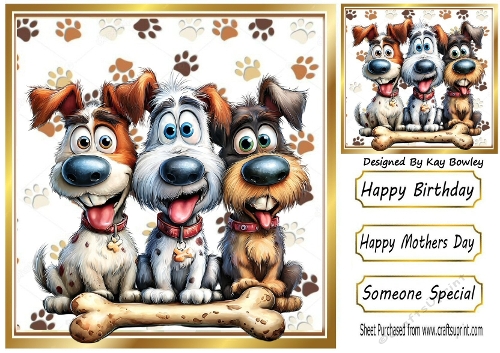 Funny Whimsical Dogs With Paw Prints 8x8 Card (SIX)