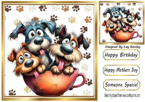 Funny Whimsical Dogs Sat In A Cup With Paw Prints 8x8 Card 