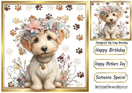Cute Little Puppy With Pink Flowers 8x8 (TWO)