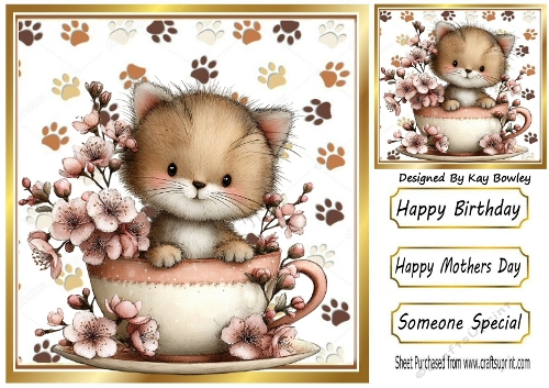 Cute Little Kitten With Pink Flowers 8x8 (THREE)
