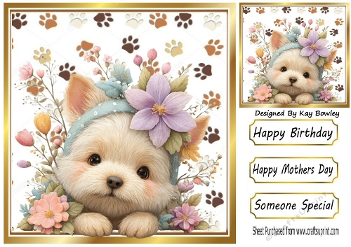 Cute Little Puppy With Pink Flowers 8x8 (FOUR)
