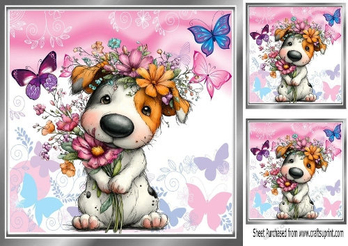 Cute Puppy With Flowers & Butterflies 8x8 (ONE)