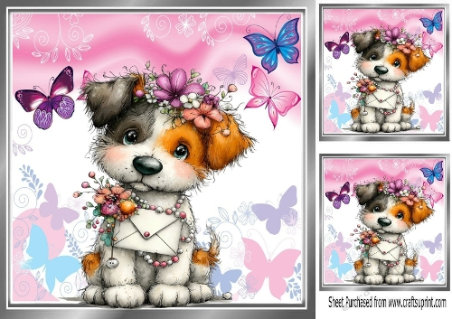 Cute Puppy With Flowers & Butterflies 8x8 (TWO)