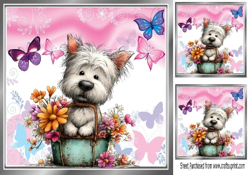 Cute Puppy With Flowers & Butterflies 8x8 (THREE)