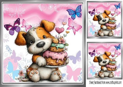 Cute Puppy With Flowers & Butterflies 8x8 (FOUR)