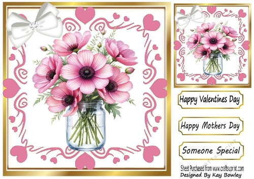 Pretty 8x8  Heart Frame, Pink Flowers In A Vase With Bow