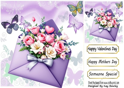 Pretty Envelope Of Pink/Purple Flowers With Butterflies 8X8