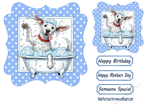 Funny Dog In A Bath 7x7 Blue Polka Dot (ONE)