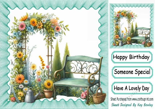 Pretty Garden Bench With Flowers,Turq Frame  8x8