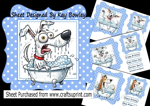 4 Funny Face Dogs Bathing 7x7 Blue Polkadot Card Fronts Mini Kit