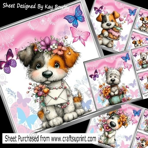 Cute Set Of 4  Puppies With Butterflies 8x8 Card Mini Kit