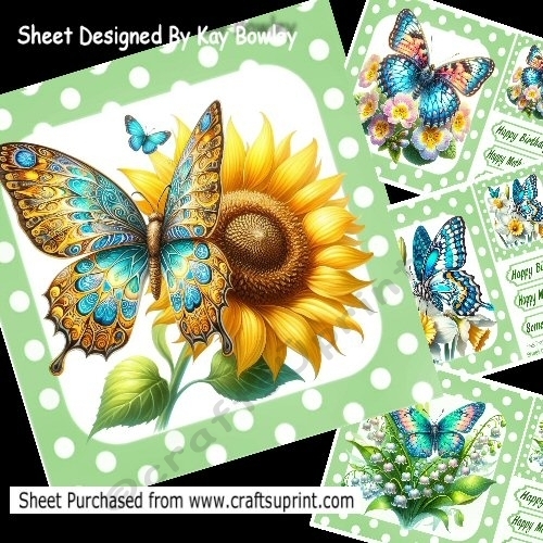  Set Of 4  Pretty Flowers With Butterflies Green Polkadot 8x8 Card Mini Kit