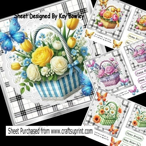 4 Basket Of Flowers With Black/White Gingham 7x7 Card, Mini Kit