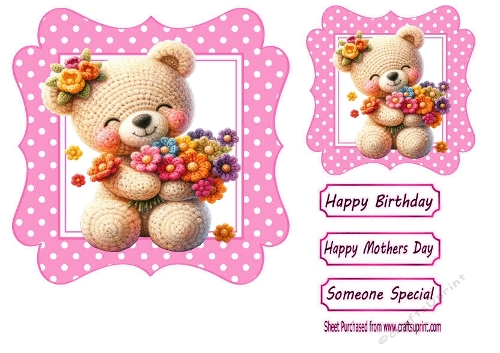 Cute Knitted Teddy Bear With Flowers, Pink Polkadot 7x7 Frame 