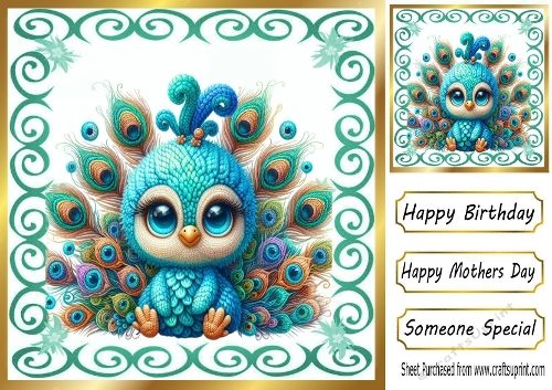 Pretty Crochet Peacock In Turq Swirl 8x8 Frame