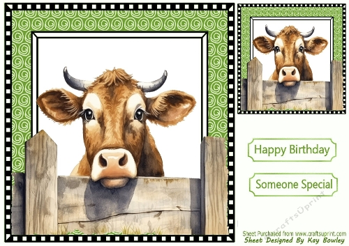 Funny Face Cow Peeking Over Fence 8x8 (TWELVE)