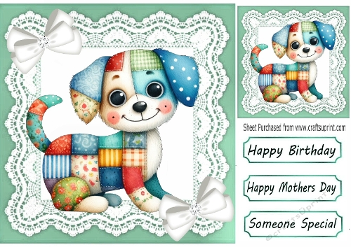 Pretty Patchwork Dog With Lace & Corner Bows 8x8