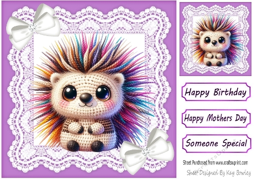 Pretty Crochet Hedgehog In Lace 8x8 Frame With Corner Bows
