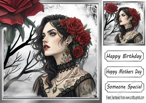 Gothic Lady With Red Roses 8x8 (FOUR)