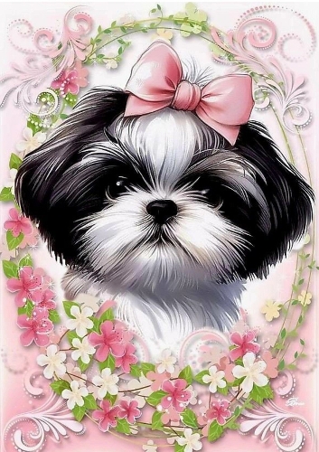 Cute Little Black/White Puppy With Flowers
