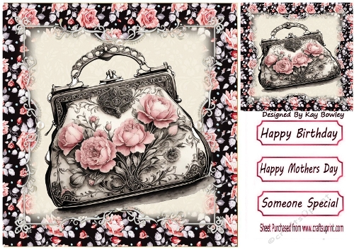 Lovely Black/Pink Roses Handbag In 8x8 Floral Frame
