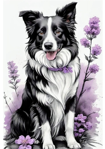 Lovely Border Collie With Purple Flowers A4